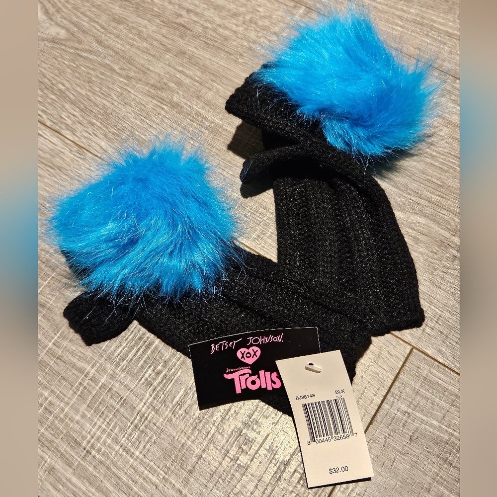 Betsey Johnson Trolls Movie Black Knit gloves W/ Blue Faux Fur Pom Poms New Tags
